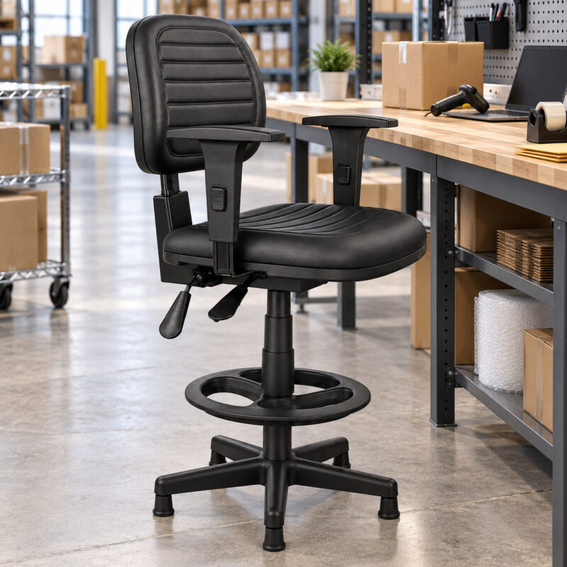 Cadeira caixa costurada ergonômica NR-17 com Back System em posto elevado de conferência de estoque.