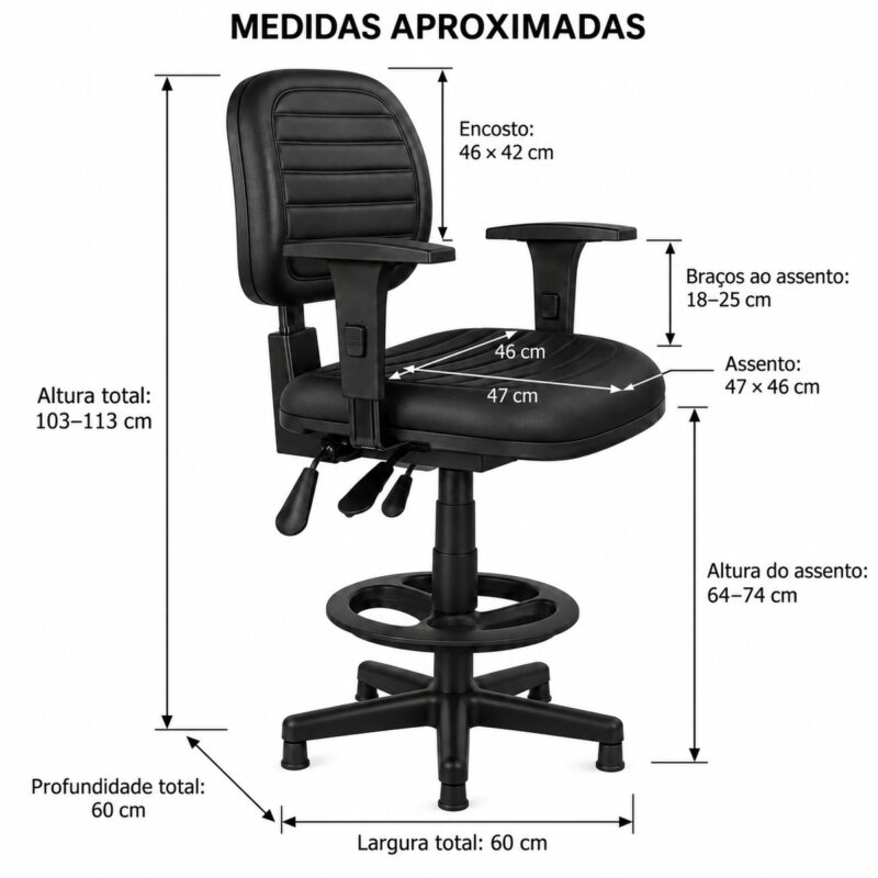 Imagem técnica da cadeira caixa ergonômica NR-17 costurada com medidas aproximadas de altura, largura, profundidade, assento e encosto.