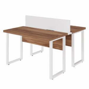 Estação de Trabalho Dupla 1,50×1,35m sem Gavetas c/ ponto de tomada PÉ QUADRO – Cor Nogal Sevilha/Branco - 34452