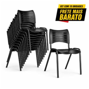 Kit 10 Cadeiras Plásticas Pretas Empilháveis com Estrutura Metálica