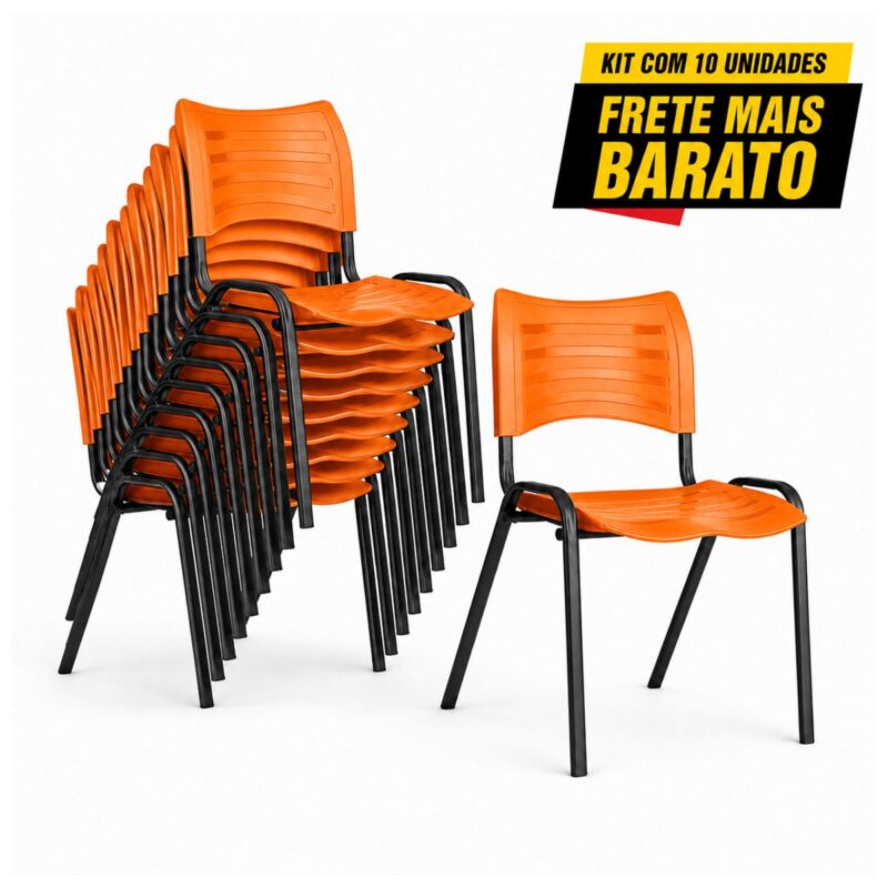 Kit com 10 cadeiras fixas laranja empilháveis, com nove unidades agrupadas e uma cadeira em destaque frontal.