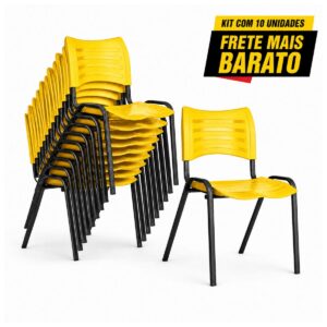 Kit com 10 cadeiras fixas amarelas empilháveis, com nove unidades agrupadas e uma cadeira em destaque frontal.