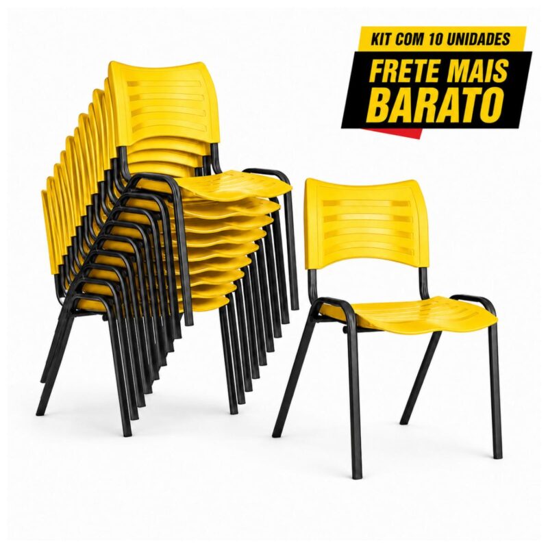 Kit com 10 cadeiras fixas amarelas empilháveis, com nove unidades agrupadas e uma cadeira em destaque frontal.