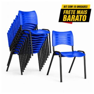 Kit com 10 cadeiras fixas azuis empilháveis, com nove unidades agrupadas e uma cadeira em destaque frontal.