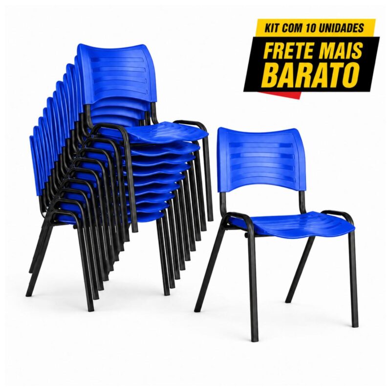 Kit 10 Cadeiras Fixas Azuis Empilháveis Kit com 10 cadeiras fixas azuis empilháveis, com nove unidades agrupadas e uma cadeira em destaque frontal.