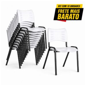 Kit com 10 cadeiras fixas brancas empilháveis, com nove unidades agrupadas e uma cadeira em destaque frontal.