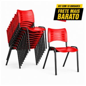 Kit com 10 cadeiras fixas vermelhas empilháveis, com nove unidades agrupadas e uma cadeira em destaque frontal.
