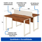 Diagrama da estação dupla com medidas de 150 por 135 cm, altura de 74 cm e indicação de tampo de 40 mm.