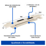 Diagrama da régua de conexão com tomadas, portas RJ45, calha metálica para fiação e medidas de 150 por 31,5 cm.