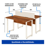 Diagrama da estação dupla com medidas de 150 por 135 cm, altura de 74 cm e chamadas para tampo, divisória e pés.