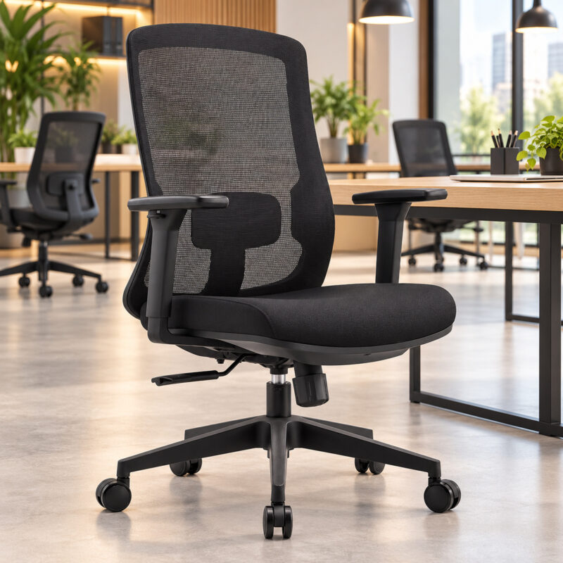 Cadeira preta com encosto em tela junto a uma mesa em ambiente de trabalho iluminado com plantas.